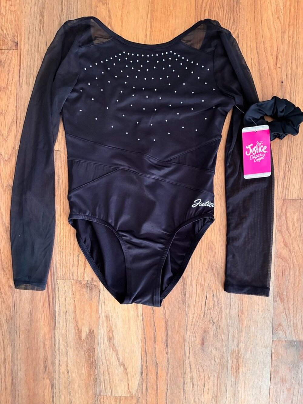 NWT Justice Girls Black Rhinestone LS Gymnastics Leotard Scrunchie Large 12/14